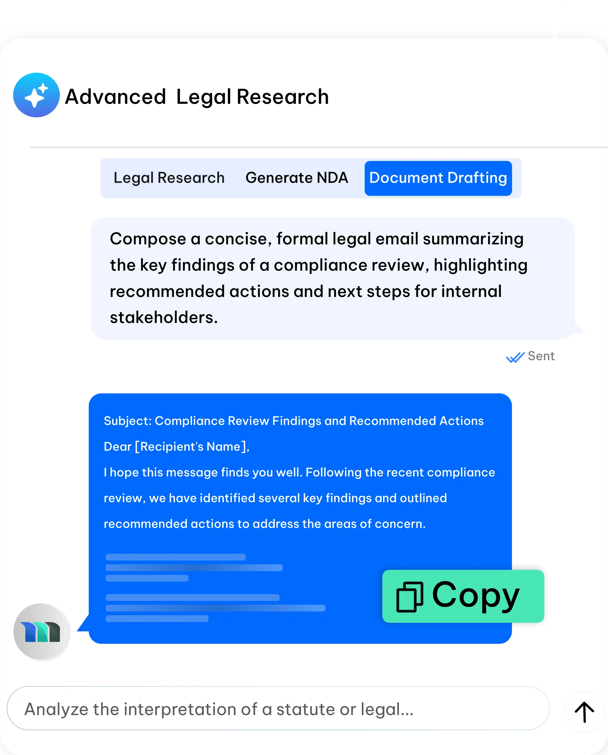 AI legal tool drafting formal compliance emails