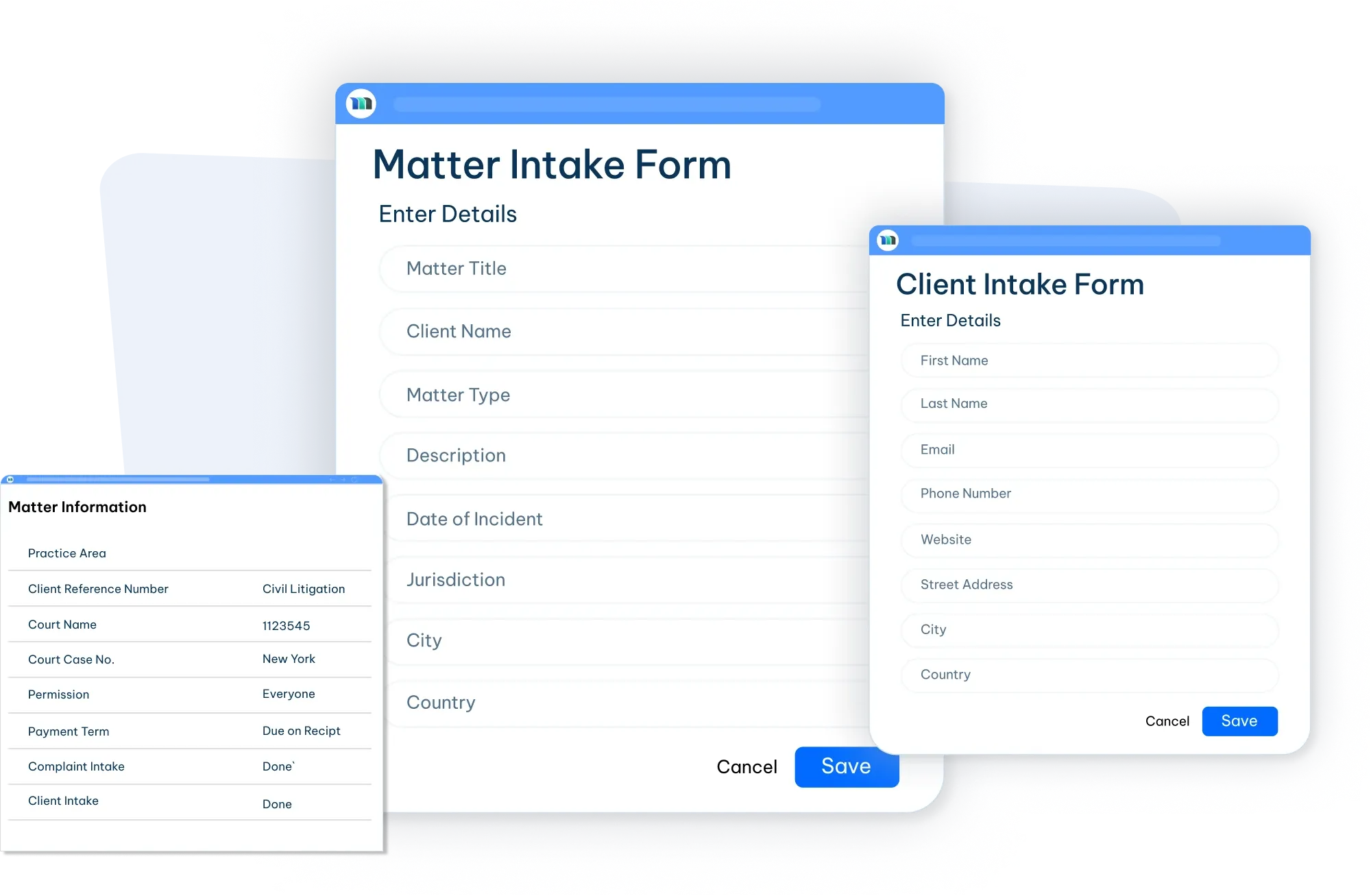 client and contact intake forms interface