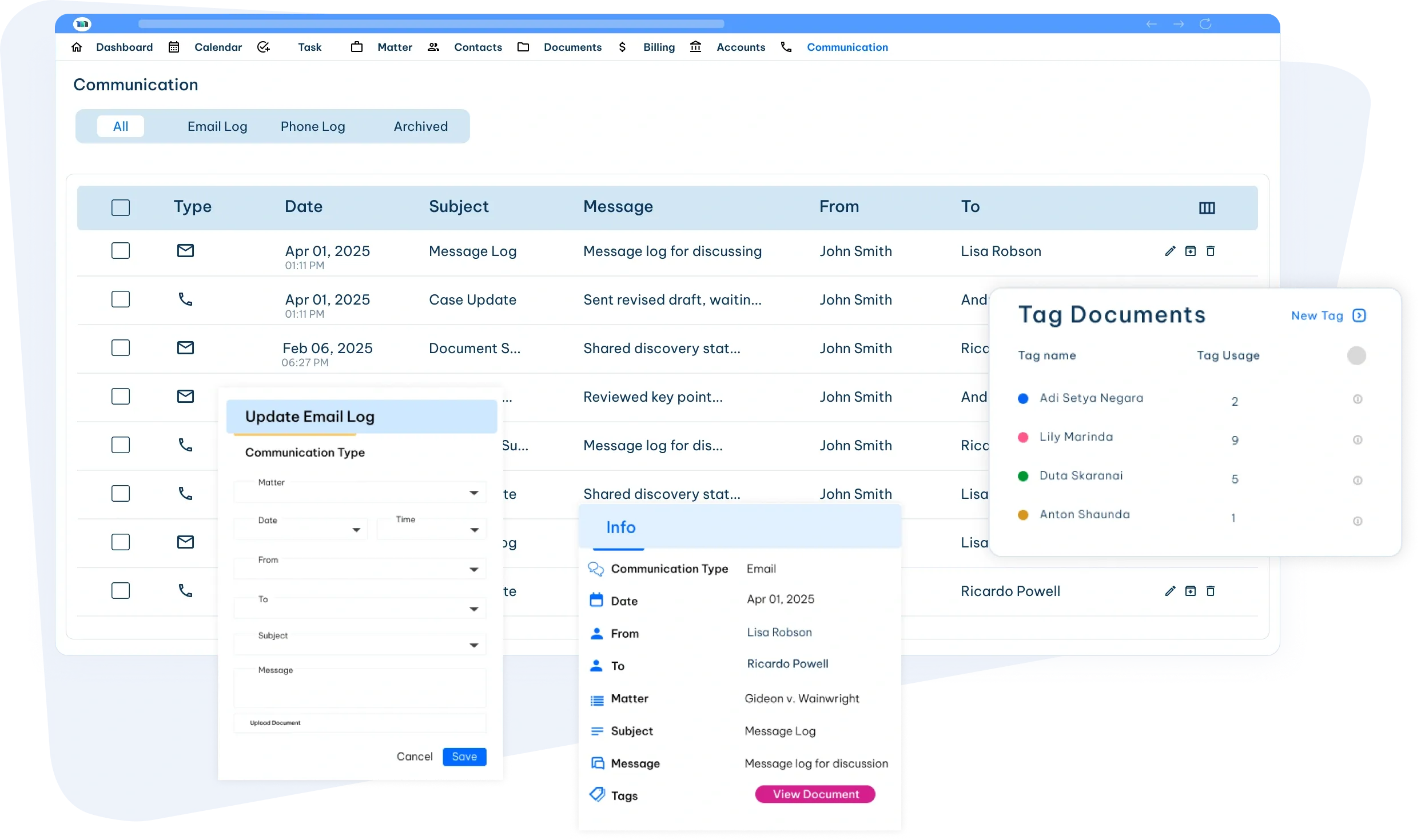 Matter-specific email and phone logs with tagging system for legal teams client communication management software interface