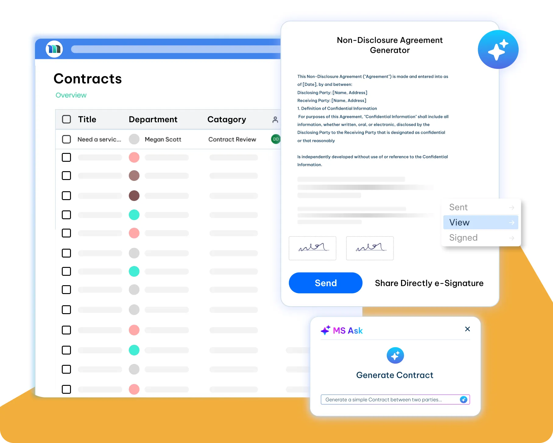 CLM software with e-signature, contract tracking, storage, and analytics dashboard
