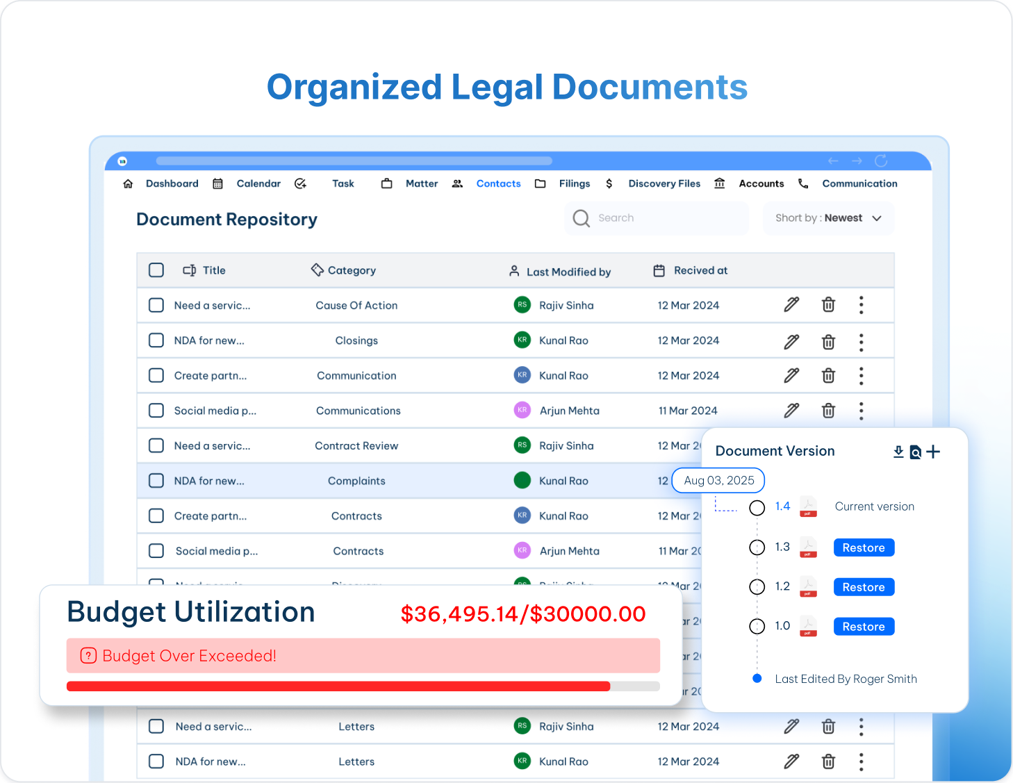 Secure document management system for storing, organizing, and retrieving legal documents.