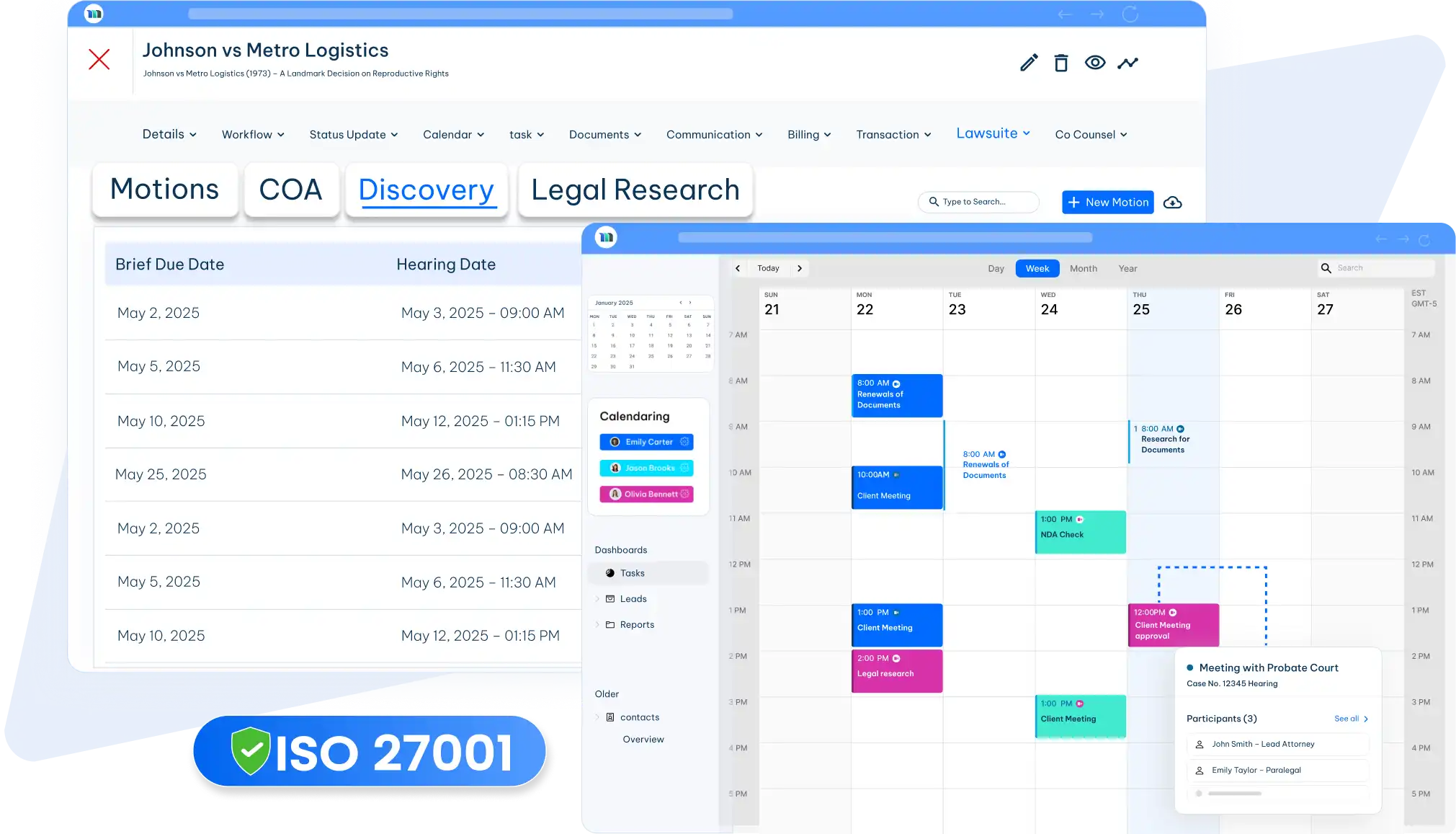 E-discovery software with calendar view and case tracking features