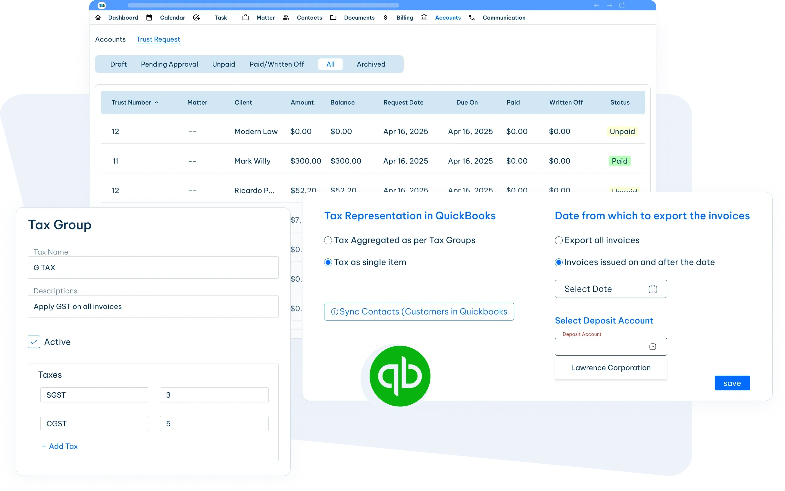 legal accounting software QuickBooks integration