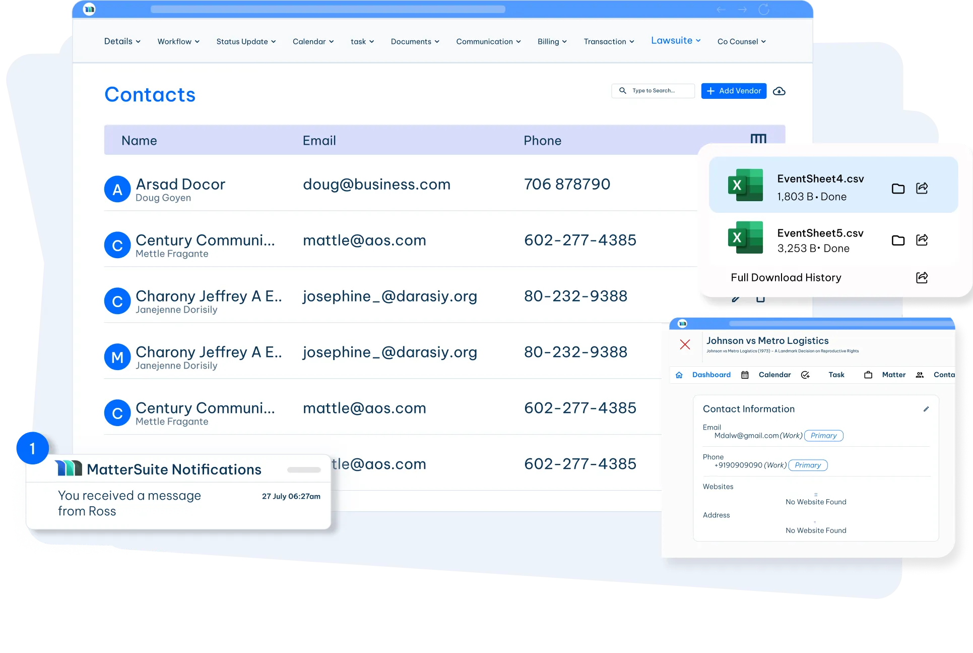 Legal contact management software dashboard