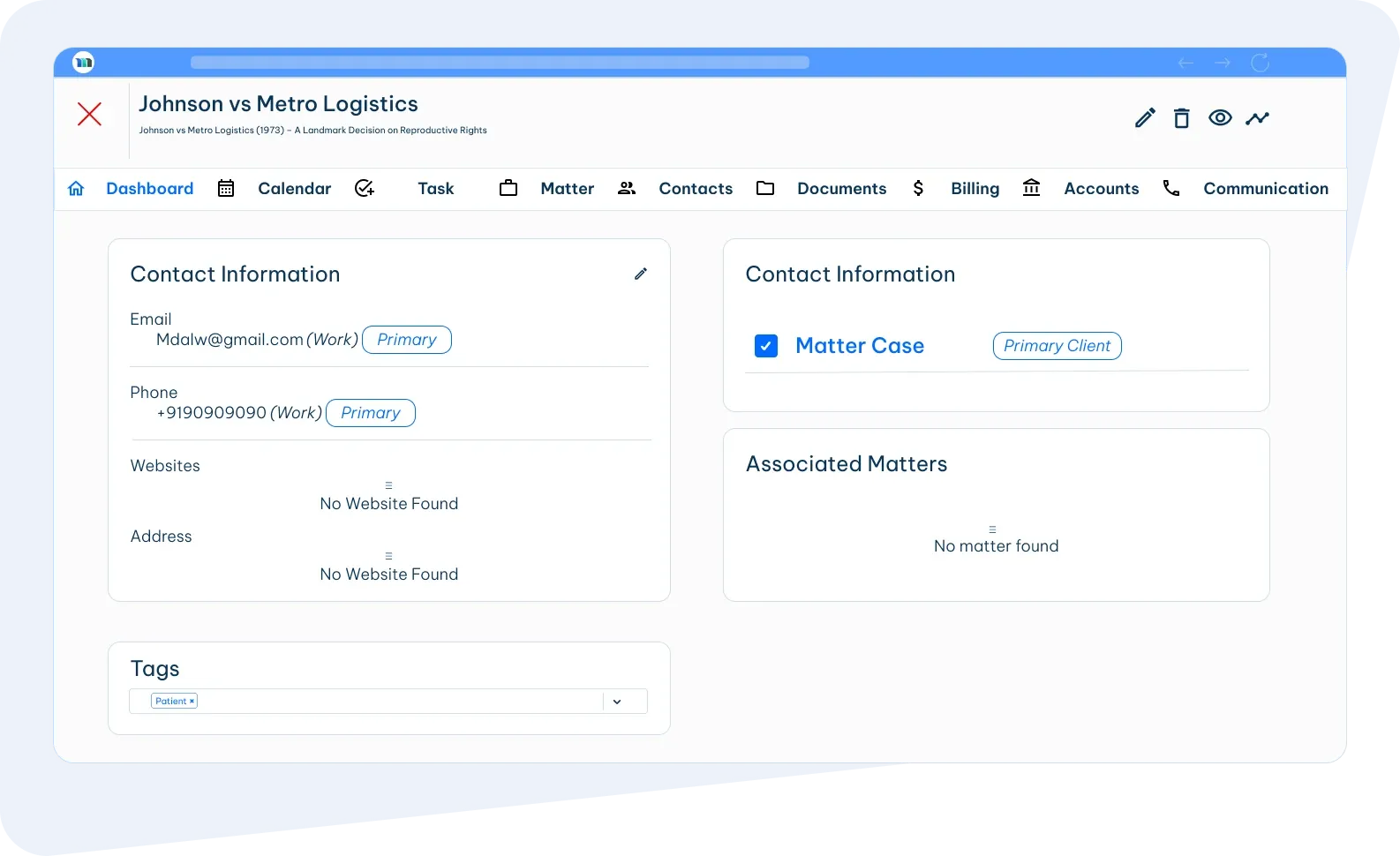 Legal contact management system dashboard
