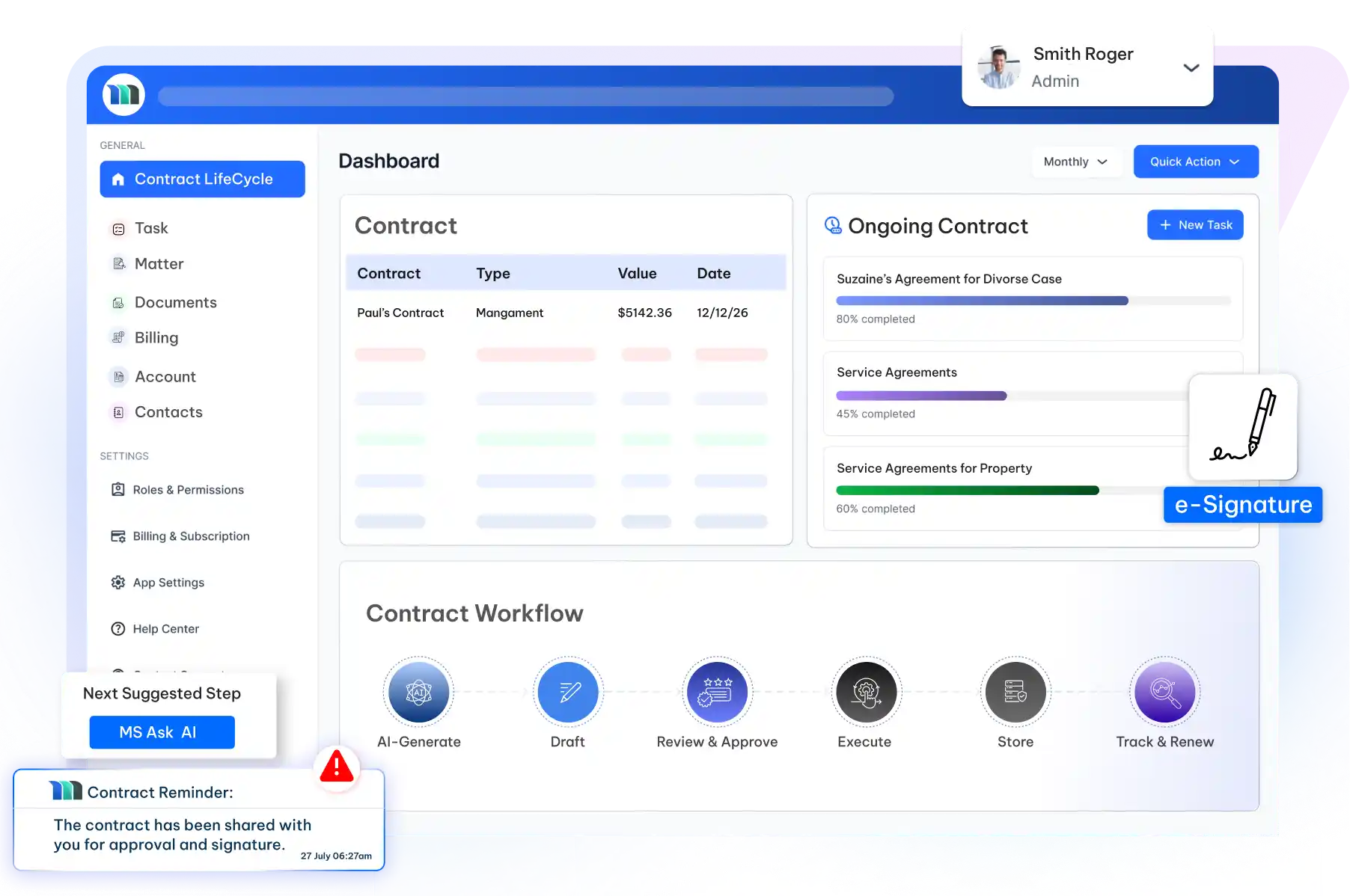 MatterSuite legal contract lifecycle management software dashboard with drafting, approvals, and e-signature.