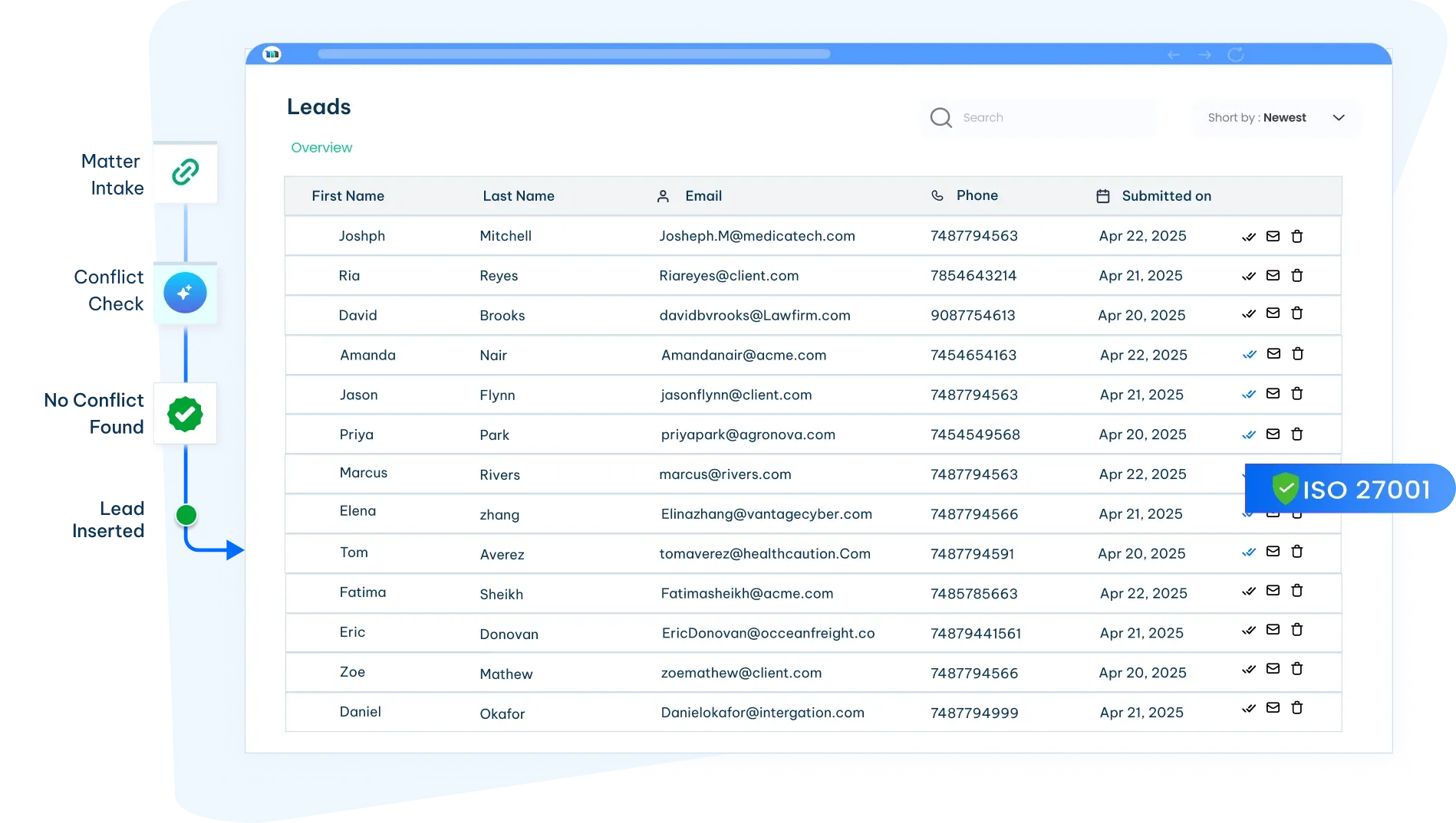 legal matter intake and conflict check interface