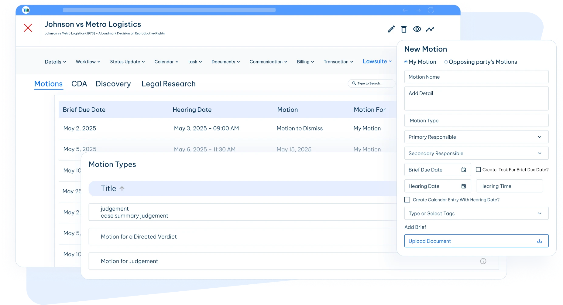 legal motion management interface