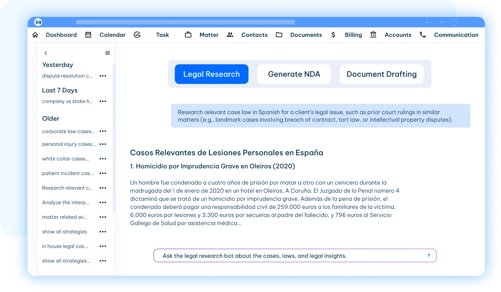 legal research software dashboard