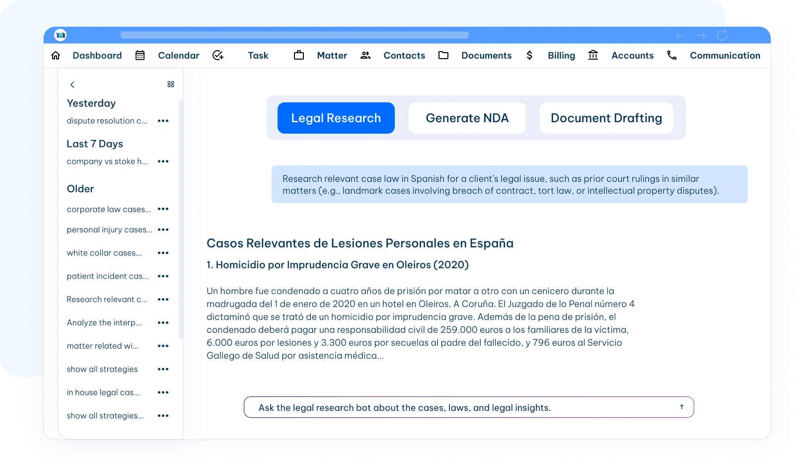 Multilingual legal research dashboard with case law and AI legal assistant Multi-Lingual Research & Document Drafting Software